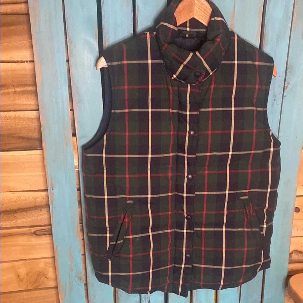 Eddie Bauer Plaid Women’s goose down puffer Vest size Small blue green red white